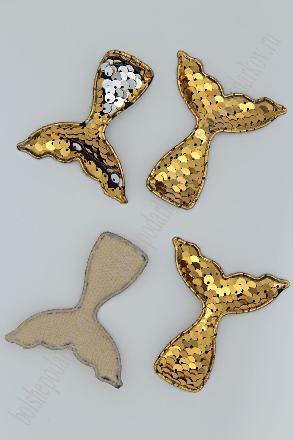 Патч 3D,  с двухсторон. пайетками "Хвост русалки" 6*5 см (10 шт) SF-1890, золото