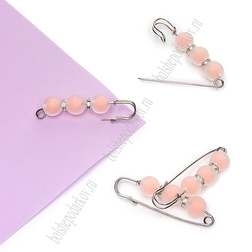 Булавка с 3 бусинами и стразами 5,8 см (10 шт) SF-8106, персиковый/серебро