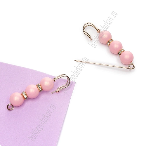 Булавка с 3 бусинами и стразами 5,8 см (2 шт) SF-8108, розовый/золото