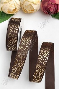 Лента репсовая 2,5 см*20 ярд &quot;Узор&quot; SF-5852, шоколадный/золото №136