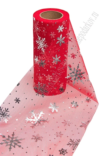 Фатин &amp;quot;Снежинки&amp;quot; 15 см*15 ярд (SF-3776) красный/серебро