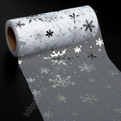 Фатин &amp;quot;Снежинки&amp;quot; 15 см*15 ярд (SF-3776) белый/серебро