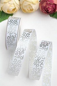 Лента репсовая 2,5 см*20 ярд &quot;Узор&quot; SF-5852, белый/серебро №01