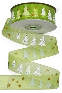 Лента органза 2,5 см*25 ярд &quot;Ёлочки&quot; SF-6143, фисташковый №1061/золото