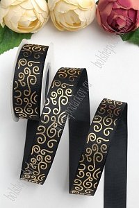 Лента репсовая 2,5 см*20 ярд &quot;Узор&quot; SF-5852, черный/золото №39