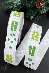 Лента репсовая 2,5 см с рисунком &quot;Подарки&quot; SF-5768, белый №01