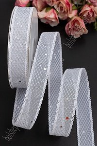 Лента с сеточкой и блестками 2,5 см*20 ярд (SF-3482) белый