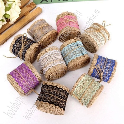 Лента из мешковины 4 см*2 м (ВР-577) с розовым кружевом