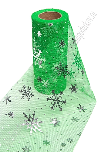Фатин &amp;quot;Снежинки&amp;quot; 15 см*15 ярд (SF-3776) зеленый/серебро