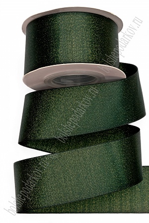 Лента атласная двусторонняя с люрексом 4 см*10 ярд (SF-7312) темно-зеленый №593/золото