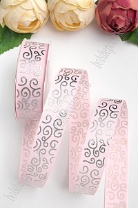 Лента репсовая 2,5 см*20 ярд &quot;Узор&quot; SF-5852, розовый/серебро №04