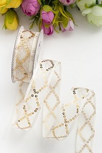 Лента с пайетками 2,5 см*10 ярд (SF-5752) белый/золото №16