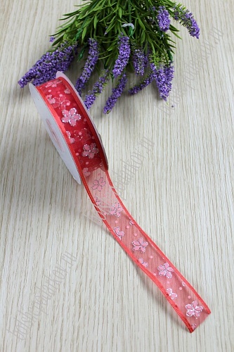 Лента органза 2,5 см*20 ярд &amp;quot;Цветочки&amp;quot; с блестками (SF-717) коралловый №193