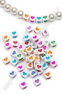 Бусины квадратные "Сердечки" 6 мм (50 гр) SF-7265, белый/микс
