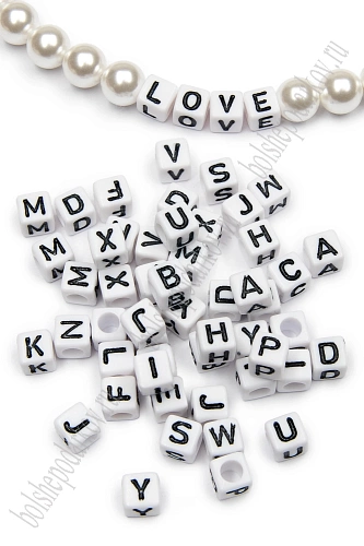 Бусины квадратные &amp;quot;Буквы английские&amp;quot; 6 мм (500 гр) SF-7265, белый/черный