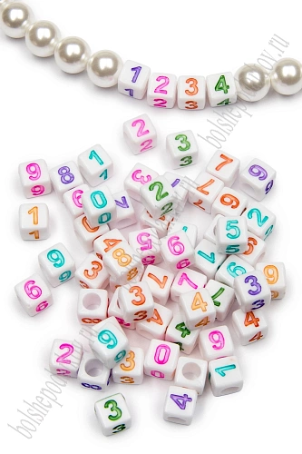 Бусины квадратные &amp;quot;Цифры&amp;quot; 6 мм (500 гр) SF-7265, белый/микс