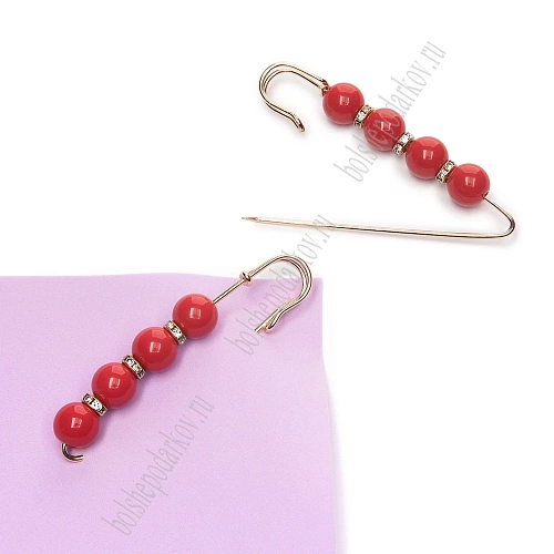 Булавка с 4 бусинами и стразами 8 см (2 шт) SF-1252, красный/золото