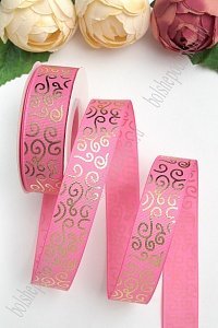 Лента репсовая 2,5 см*20 ярд &quot;Узор&quot; SF-5852, розовый/золото №05