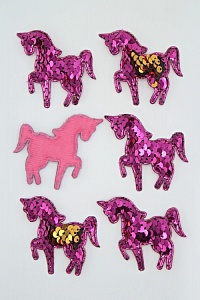 Патч 3D,  с двухсторон. пайетками &quot;Единорог&quot; 6*5 см (10 шт) SF-1888, фукси/золото