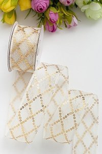 Лента с пайетками 4 см*10 ярд (SF-5753) белый/золото №16