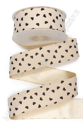 Лента вельвет/атлас &amp;quot;Сердечки&amp;quot; 3,8 см*10 ярд (SF-8058)  бежевый №7