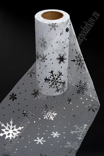 Фатин &amp;quot;Снежинки&amp;quot; 15 см*15 ярд (SF-3776) белый/серебро