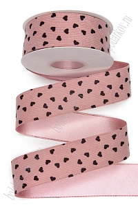 Лента вельвет/атлас &quot;Сердечки&quot; 3,8 см*10 ярд (SF-8058) дымчато-розовый №3