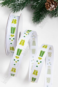 Лента репсовая 1,5 см с рисунком "Подарки" SF-5769, белый №01 Лента репсовая 1,5 см с рисунком "Подарки" SF-5769, белый №01