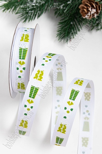Лента репсовая 1,5 см с рисунком &amp;quot;Подарки&amp;quot; SF-5769, белый №01