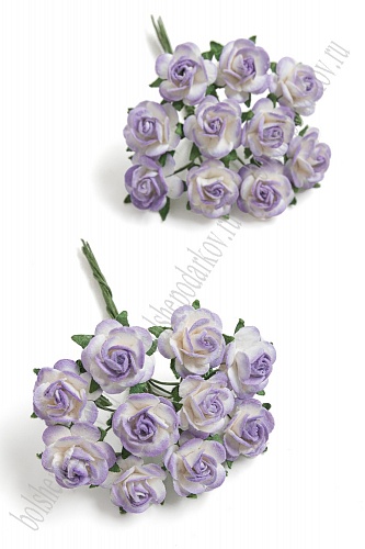 Тайские бумажные цветочки 1,5 см на веточке &amp;quot;Розочка&amp;quot; (20 шт) R8/900, белый/св.-фиолетовый