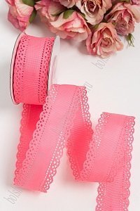 Лента репсовая с ажурными краями 3 см*10 ярд (SF-1750) ярко-розовый №14