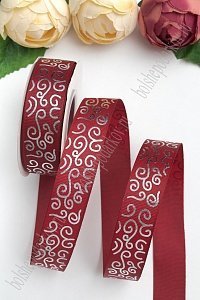 Лента репсовая 2,5 см*20 ярд &quot;Узор&quot; SF-5852, бордовый/серебро №37