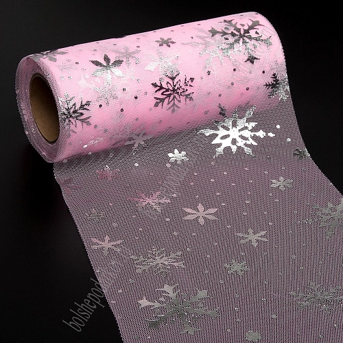Фатин &amp;quot;Снежинки&amp;quot; 15 см*15 ярд (SF-3776) розовый/серебро