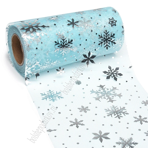 Фатин &amp;quot;Снежинки&amp;quot; 15 см*15 ярд (SF-3776) голубой/серебро №14
