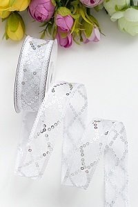 Лента с пайетками 2,5 см*10 ярд (SF-5752) белый/серебро №10