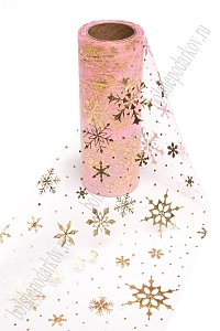 Фатин &quot;Снежинки&quot; 15 см*15 ярд (SF-3776) розовый/золото