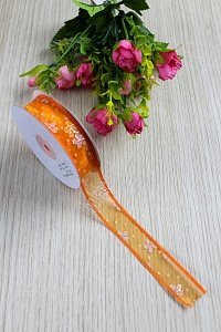 Лента органза 2,5 см*20 ярд &quot;Цветочки&quot; с блестками (SF-717) оранжевый №25