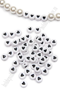 Бусины круглые "Сердечки" 7 мм (500 гр) SF-7263, белый/черный