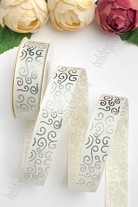 Лента репсовая 2,5 см*20 ярд &quot;Узор&quot; SF-5852, кремовый/серебро №08