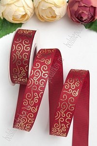 Лента репсовая 2,5 см*20 ярд &quot;Узор&quot; SF-5852, бордовый/золото №37