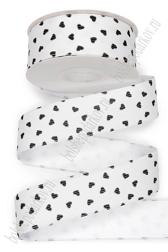 Лента вельвет/атлас &amp;quot;Сердечки&amp;quot; 3,8 см*10 ярд (SF-8058) белый №1