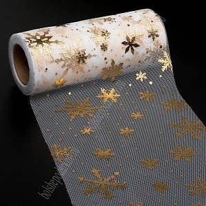 Фатин &quot;Снежинки&quot; 15 см*15 ярд (SF-3776) белый/золото