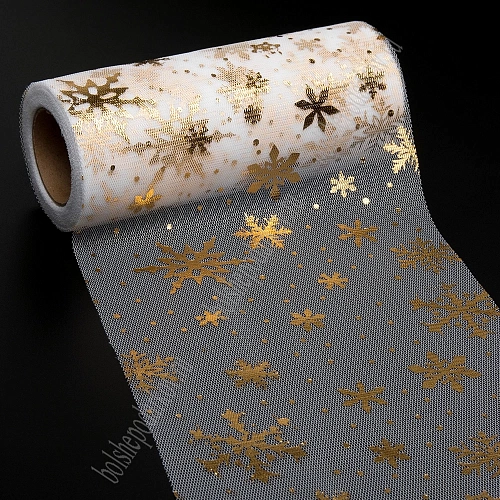 Фатин &amp;quot;Снежинки&amp;quot; 15 см*15 ярд (SF-3776) белый/золото