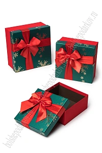 Коробки новогодние квадратные с бантом, 19*19*9,5 см, 3 в 1 (SF-7820), красный/зеленый №3