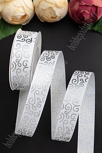 Лента репсовая 2,5 см*20 ярд &quot;Узор&quot; SF-5852, белый/серебро №01