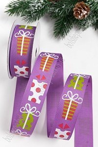 Лента репсовая 2,5 см с рисунком &quot;Подарки&quot; SF-5768, фиолетовый №125