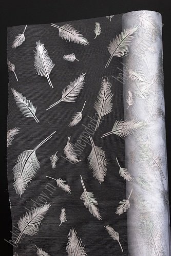 Органза 48 см*5 ярд &amp;quot;Перья&amp;quot; (SF-3133) серебряный/белый