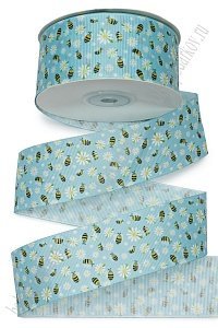 Лента репсовая 4 см*25 ярд с рисунком &quot;Пчёлки&quot; SF-6130, голубой