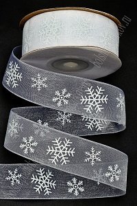 Лента органза 2,5 см*25 ярд &quot;Снежинки&quot; SF-6143, белый №1001