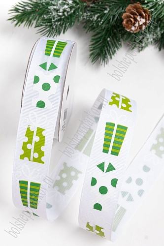 Лента репсовая 2,5 см с рисунком &amp;quot;Подарки&amp;quot; SF-5768, белый №01